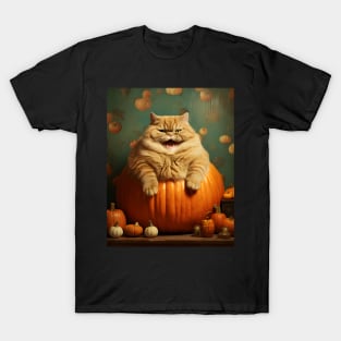 Retro Vintage: Chubby Cat and Pumpkin - Whimsical Autumn Halloween Delight T-Shirt